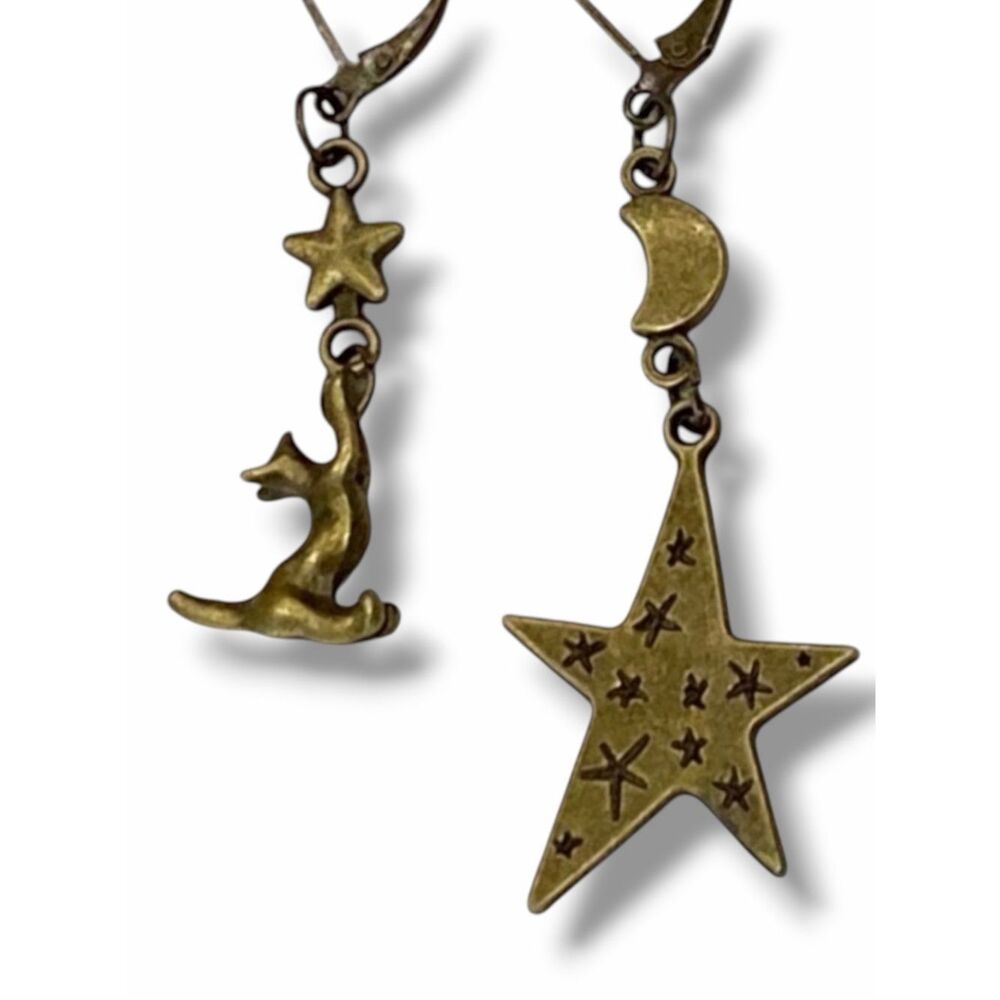 Antique Bronze Cat Celestial Star Earrings Handmade OS NWT